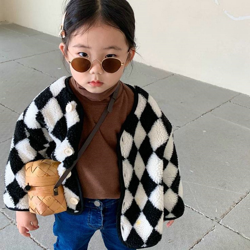 Girls' Jackets 2022 Autumn And Winter Japanese And Korean Style Clothes Plus Velvet Plaid Wool Warm Coat Lamb Wool Casual J
