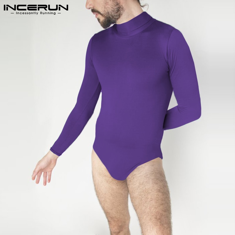 INCERUN Men Bodysuits Underwear Solid Color Turtleneck Long Sleeve Zipper Sexy Men Bodysuits Streetwear Skinny Pajamas Rompers