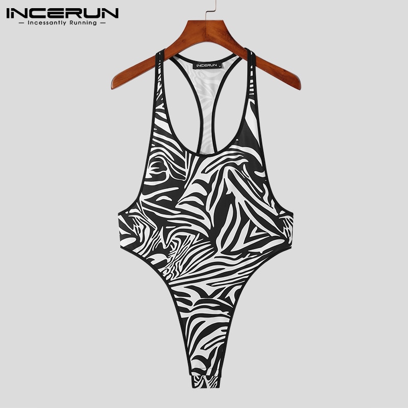 INCERUN Men Printing Bodysuits O-neck Underwear Sleeveless Sexy Tank Tops Men Rompers 2022 Breathable Skinny Bodysuit Pajamas