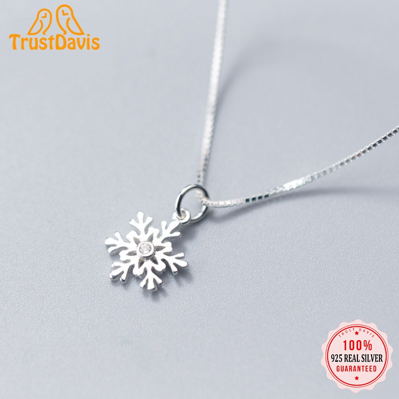 TrustDavis Real 925 Sterling Silver Fashion Sweet Snowflake CZ Charm Pendant Necklace for Women Christmas Gift Jewelry HY460