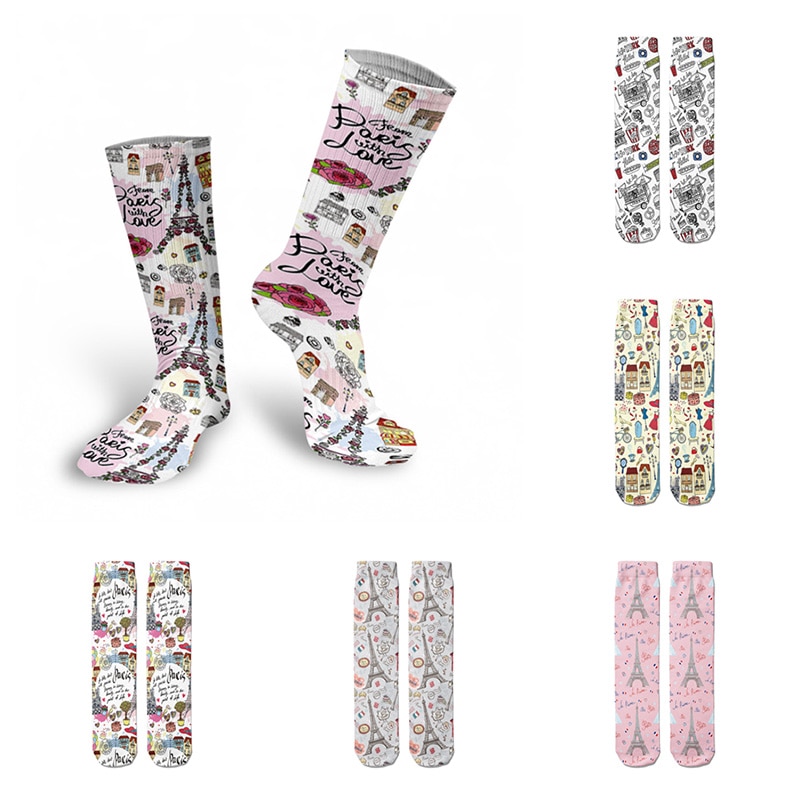 Fashion Paris Eiffel Tower Women's Cotton Socks Casual High Ankle 3D Print Female Socks Funny Kawaii Harajuku Girl Creative