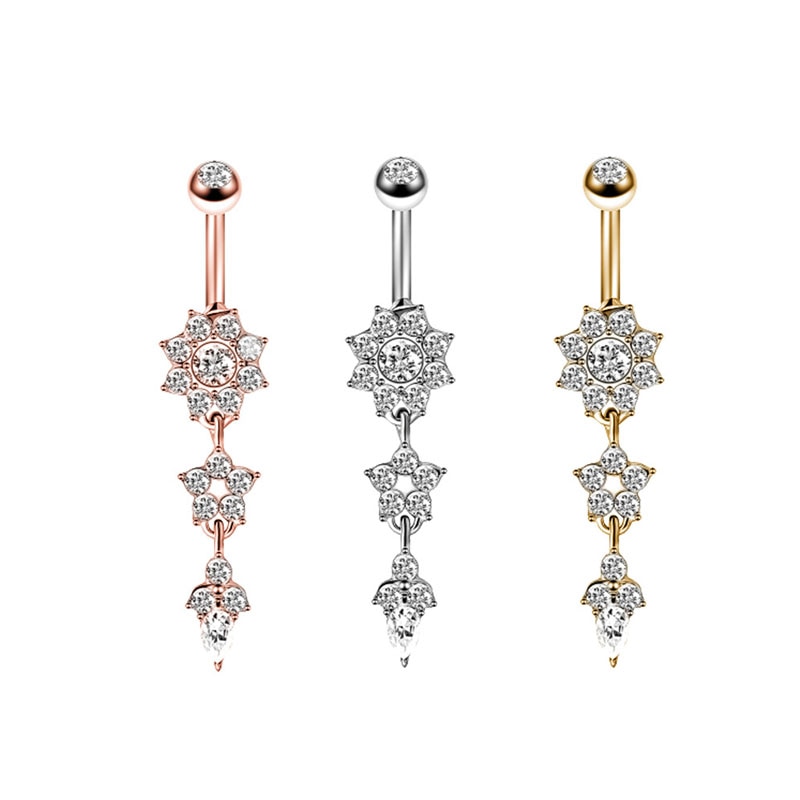 Sexy Dangle Belly Bars Belly Button Gold Rings Belly Piercing Crystal Flower Body Jewelry Navel Piercing Rings Drop