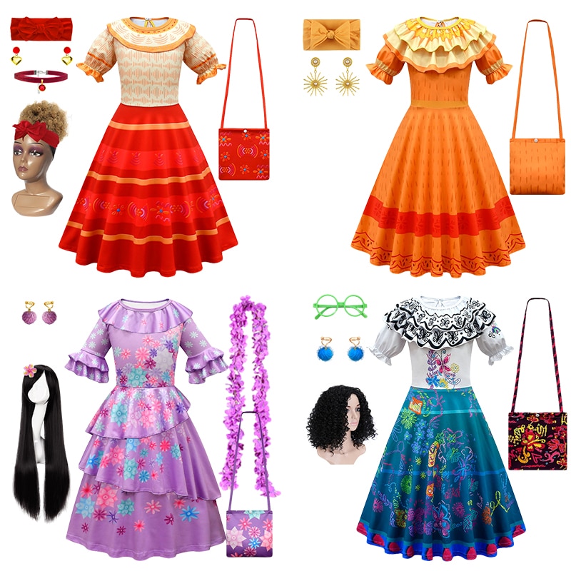 Encanto Girls Mirabel Costume New Year Party Halloween Toddler Purple Flower Isabela Dress Up Fancy Cosplay Black Wig Glasses