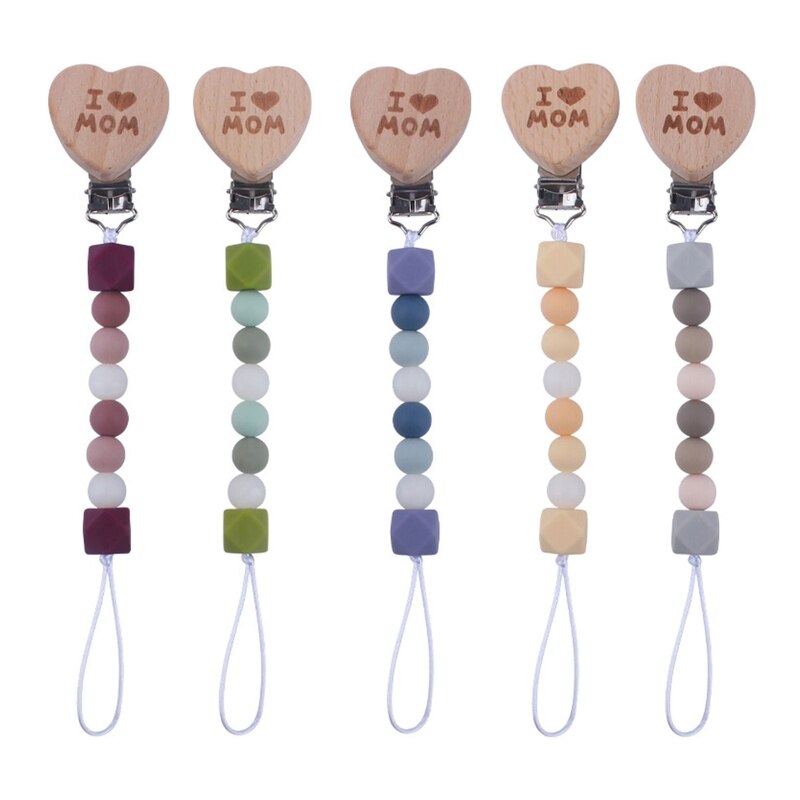 Baby Pacifier Chain Clip Nursing Teether Soother Holder Silicone Beads Wood Clip G99C