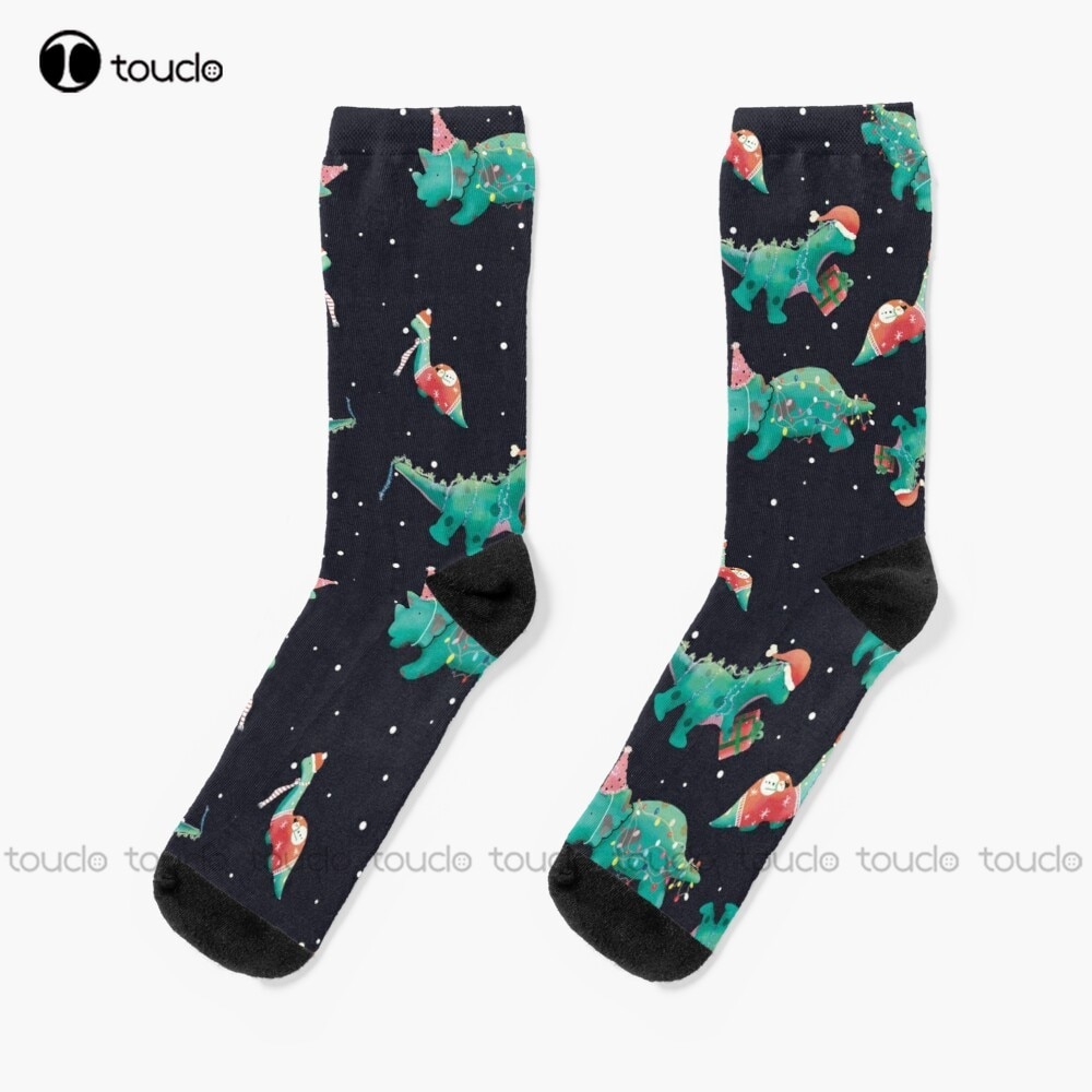 Dino Xmas Party Time Socks Hiking Socks Men Personalized Custom Unisex Adult Teen Youth Socks 360° Digital Print Christmas Gift