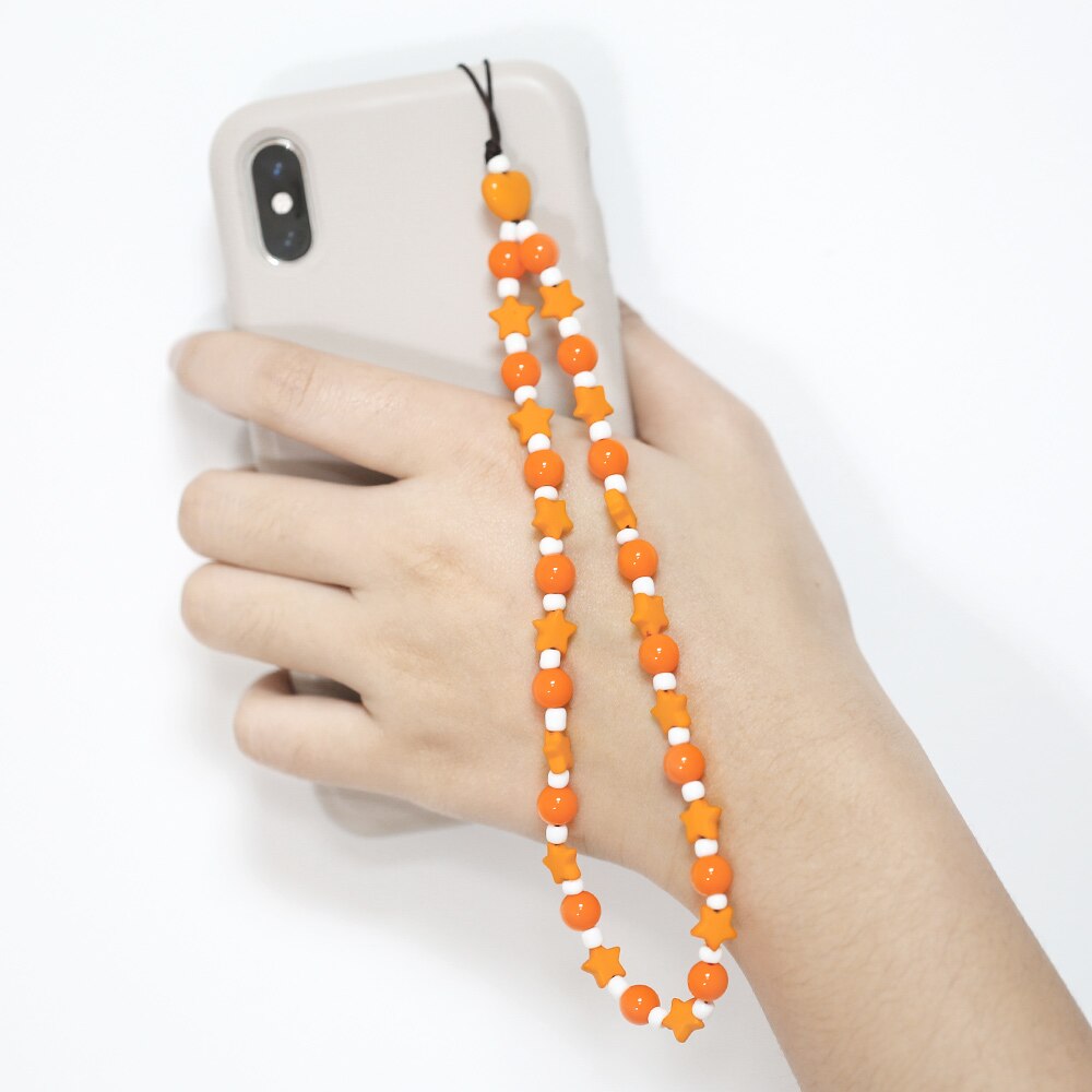 Orange Mobile Phone Lanyard Straps for Girls Heart Star Round Beads Hanging Cord Rope Phone Charm Fashion Summer Jewelry mpsa012