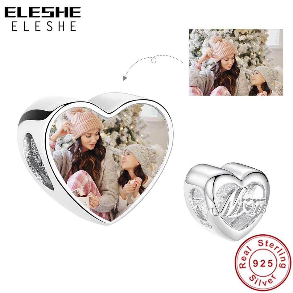 ELESHE Christmas Simple Mom Charm 925 Sterling Silver Custom Photo Heart Bead Fit For Women Original Bracelet DIY Jewelry Gift