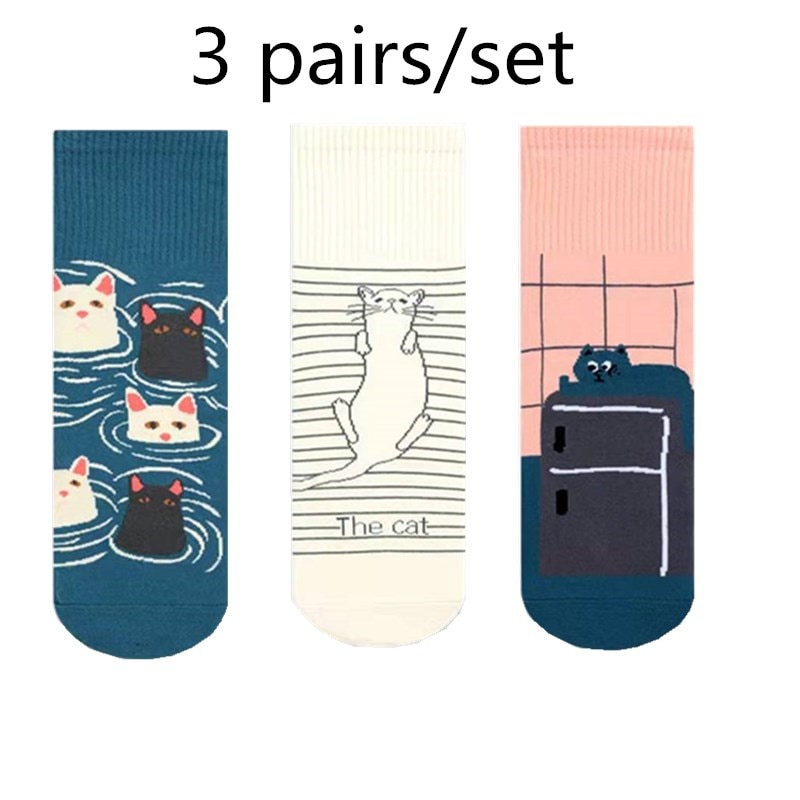 3 pairs/lot Socks Women Harajuku Kawaii Back to school SOCK Cartoon Cat Duck Animal Cotton Student Favorate Floor Sports Sock