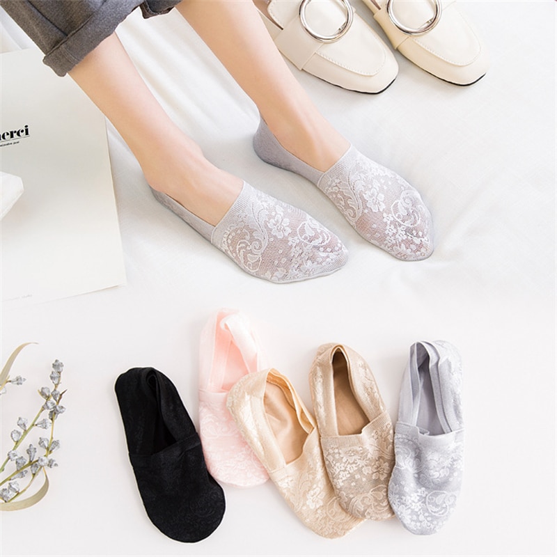 5 Pairs Fashion Women Girls Summer Socks Style Lace Flower Short Sock Antiskid Invisible Ankle Socks popular 7 colors