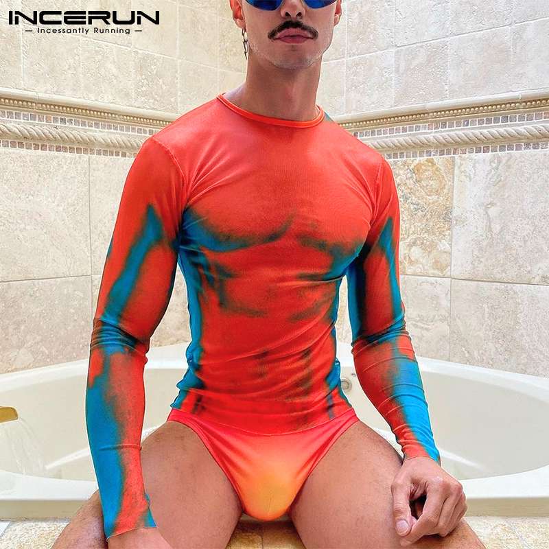 Men Bodysuits Printing Round Neck Homewear 2022 Long Sleeve Fitness Rompers Men Sexy Leisure Pajamas Bodysuit S-5XL INCERUN 7