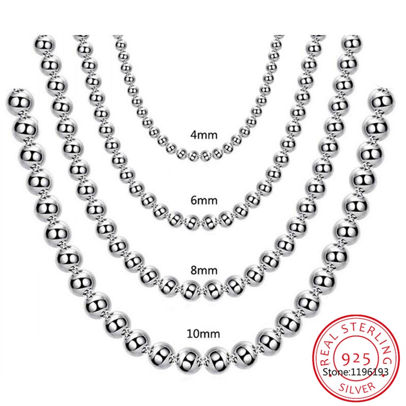925 Sterling Silver 10mm|8mm|4mm Smooth Beads Ball Chain Necklace For Women Trendy Wedding Engagement Jewelry Free Shipping