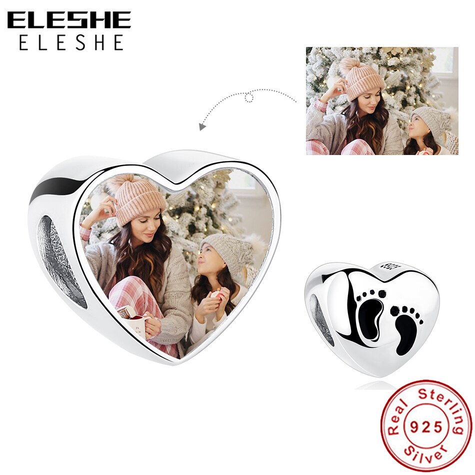 ELESHE 925 Sterling Silver Baby Footprint Beads Heart Collection Custom Photo Charms Fit Original Bracelet for Women Memory Gift