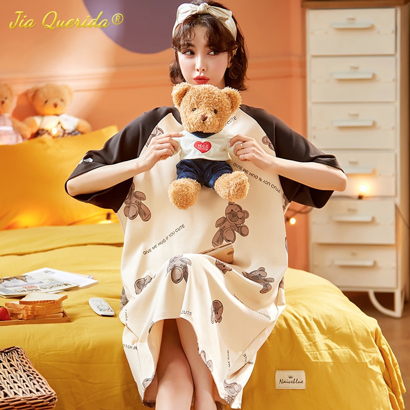 New 3XL Summer Soft Cotton Nightgown Women Kawaii Bear Printing Sleeping Dress Round Neck Night Dress Sleepwear for Young Girls