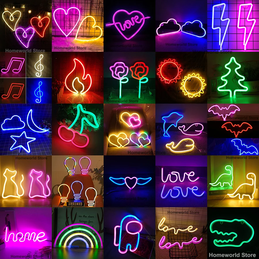 LED Neon Light Sign Strip New 189 Styles Wall Art Lamp Nightlight LOVE Heart Animal Cat Figure Model