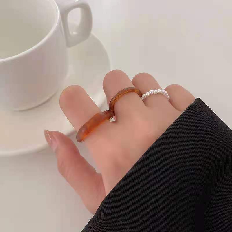 2021 trendy and popular Korean ring pearl retro simple resin ring fashion trend three piece set factory direct sales