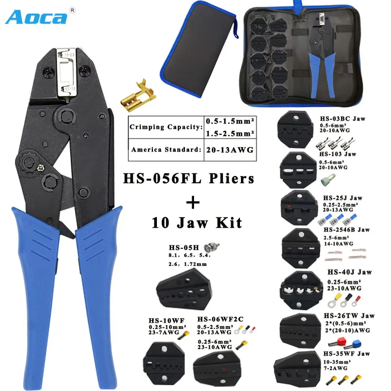 HS-056FL 0.5-1.5 1.5-2.5mm 20-13AWG 10 Jaw Crimp Pliers Multi Hand Tools Uninsulated Flag Male