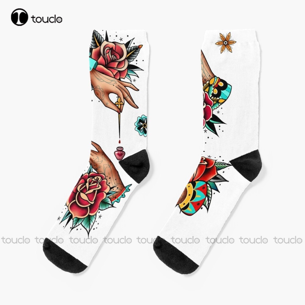 Old School Images Of Tattooed Hands And Roses Socks Softball Socks Women Christmas Gift Unisex Adult Teen Youth Socks Custom