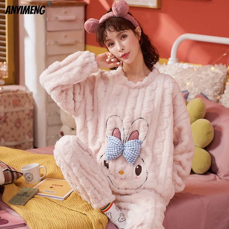 Lovely Girls Pajamas Winter Kawaii Rabbit Embroidary Velvet Pajama Set for Women Korean Minimalist Style Sleepwear for Teen