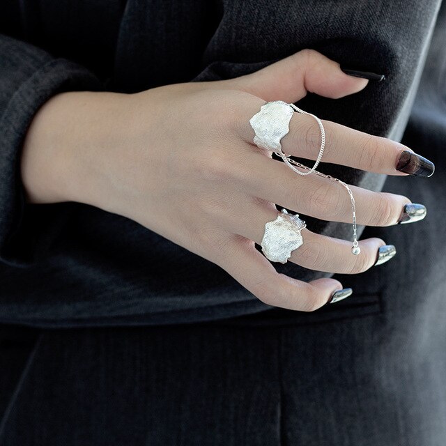 Authentic S925 Sterling Silver Jewelry Irregular Texture Long Chain ring Bohi adjust C-J1257
