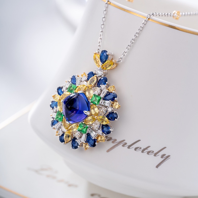 925 Silver Fashion Luxury Pendant Gem Imitation Natural Tanzanite Necklace Mix Match Temperament Style For Women Fine Jewelry
