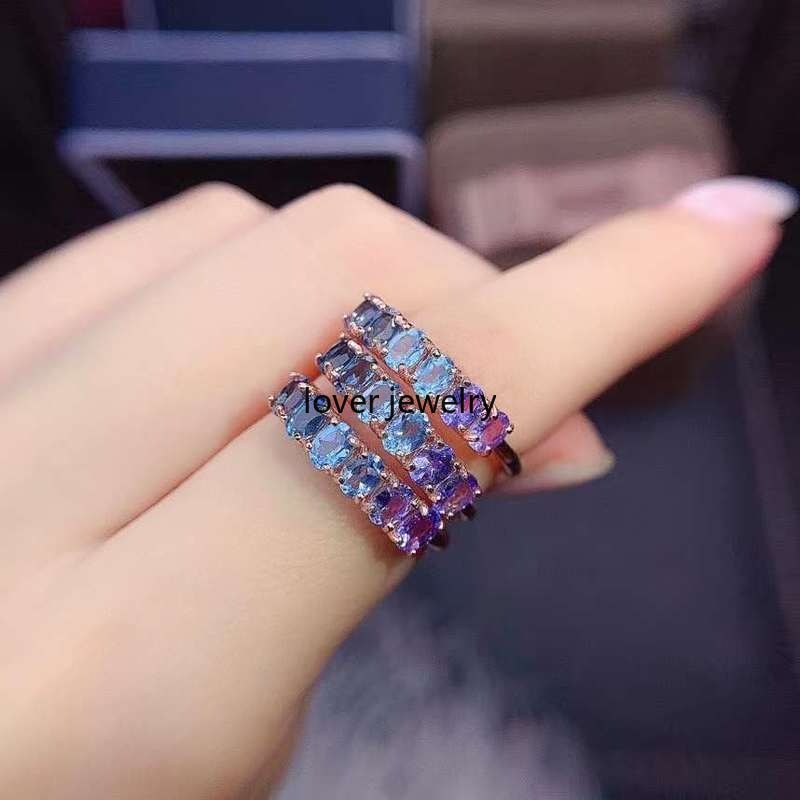 Natural Gemstone Row Ring with Tanzanite and Topaz 3*4mm with 925 Silver Rings for Women