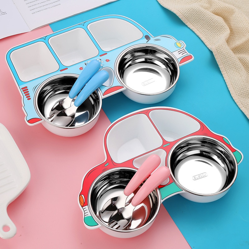 Kids Cartoon Car Shape Plates And Bowls Set Stainless Steel Bowls Forks Spoons Baby Cute Feeding Dinner Plate Tableware Kit