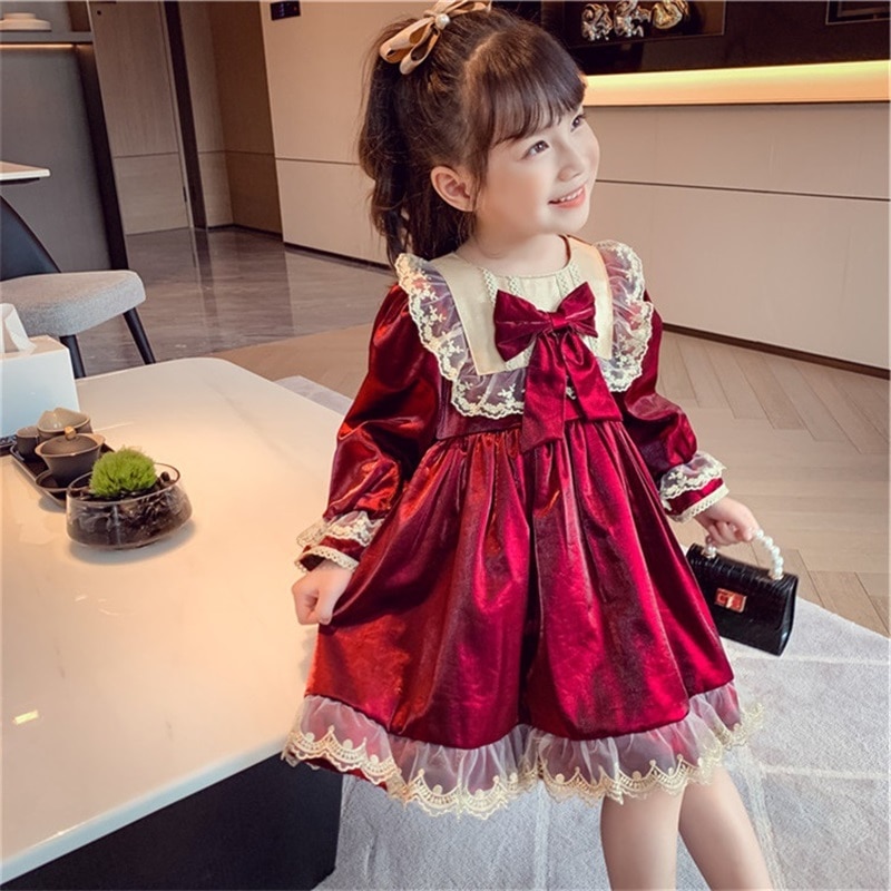 Children Carnival Costume for Girl Lolita Princess Dress Red Long Sleeve Kids Winter Clothes Plus Fleece Outfits Christmas Party