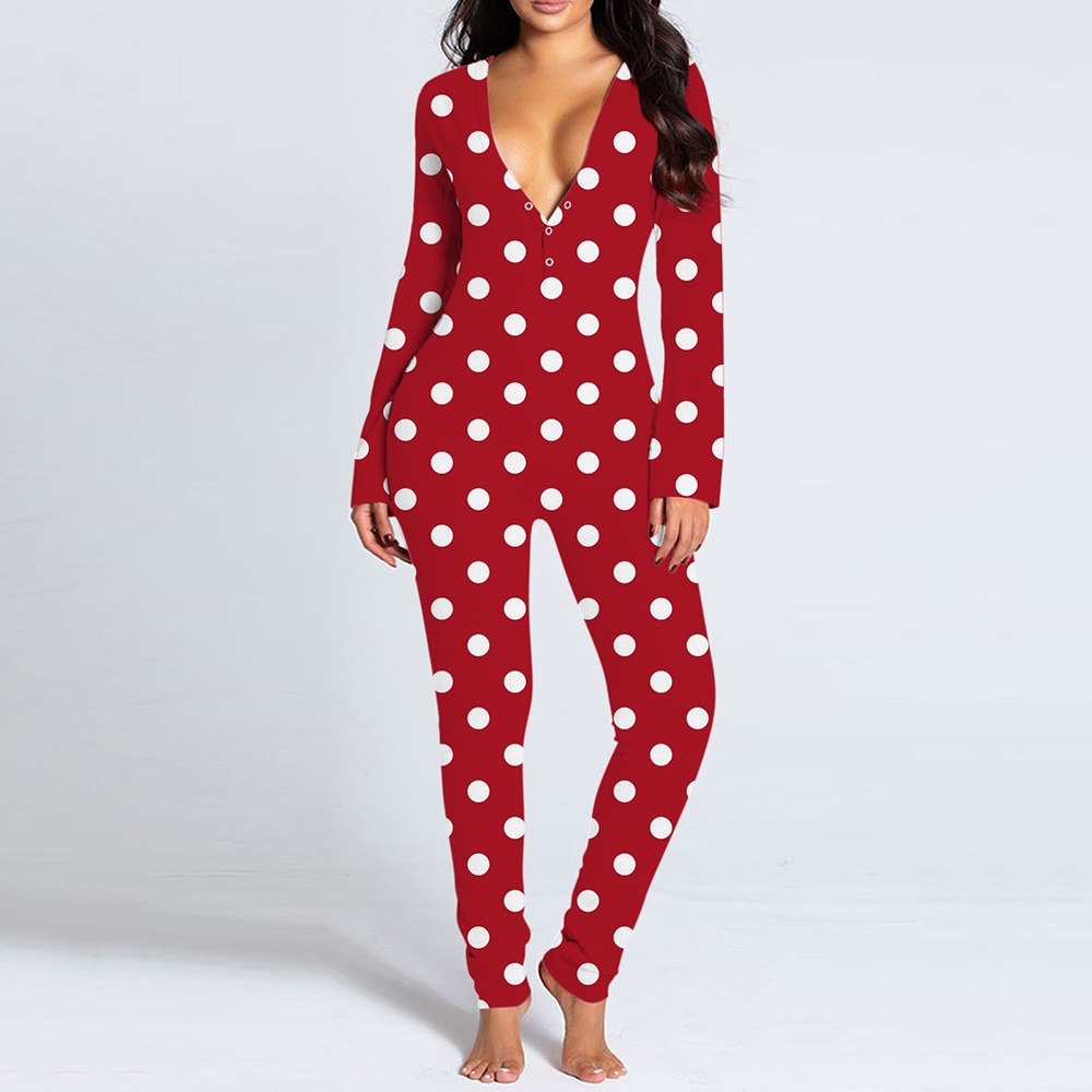 1PC Sexy Pajamas for Adults Deep V-neck Button Flap Jumpsuit Femme Bodycon Pyjama Stretch Sleepwear for Women Onesies