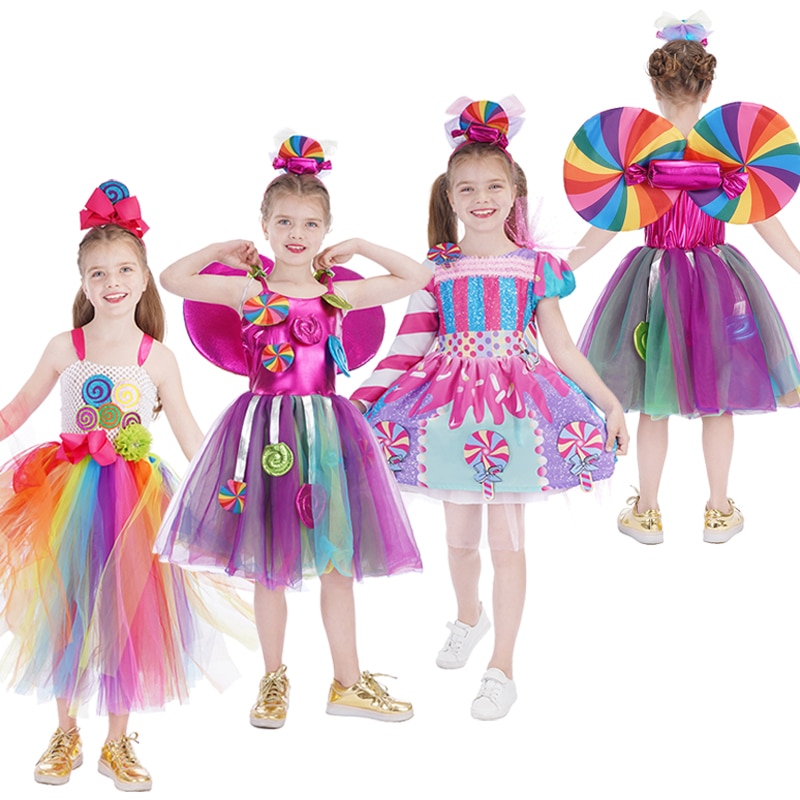 Hot Princess Dress Baby Girls Rainbow Candy Novelty Dresses for Kids Birthday Party Mesh Tutu Prom Gown Children Cosplay Costume