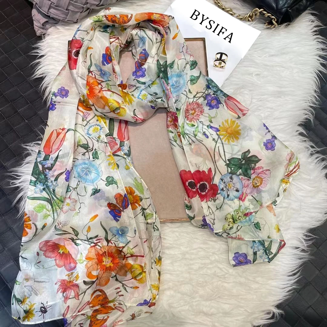 white100% Silk Scarf Women Scarves Bufandas Summer Beach Shawls Foulard Fall Winter Brand Flower
