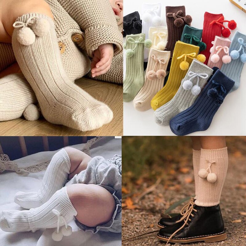 Newborn Baby Socks Hairballs Kids Infant Girls Knee High Sock Soft Toddler Girl Cotton Stripe Long Sock For Children Stocking