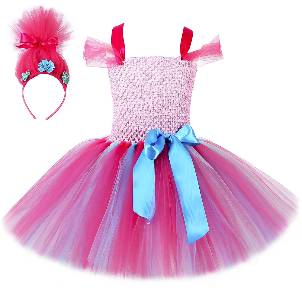 Girls Trolls Poppy Tutu Dress Baby Girl Birthday Party Fancy Princess Dress Troll Cosplay Kids Carnival Halloween Costumes 1-14Y