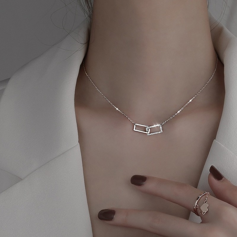 VOQ Silver Color Square Interlocking Necklace for Women Shiny Zircon Geometric Clavicle Chain Jewelry