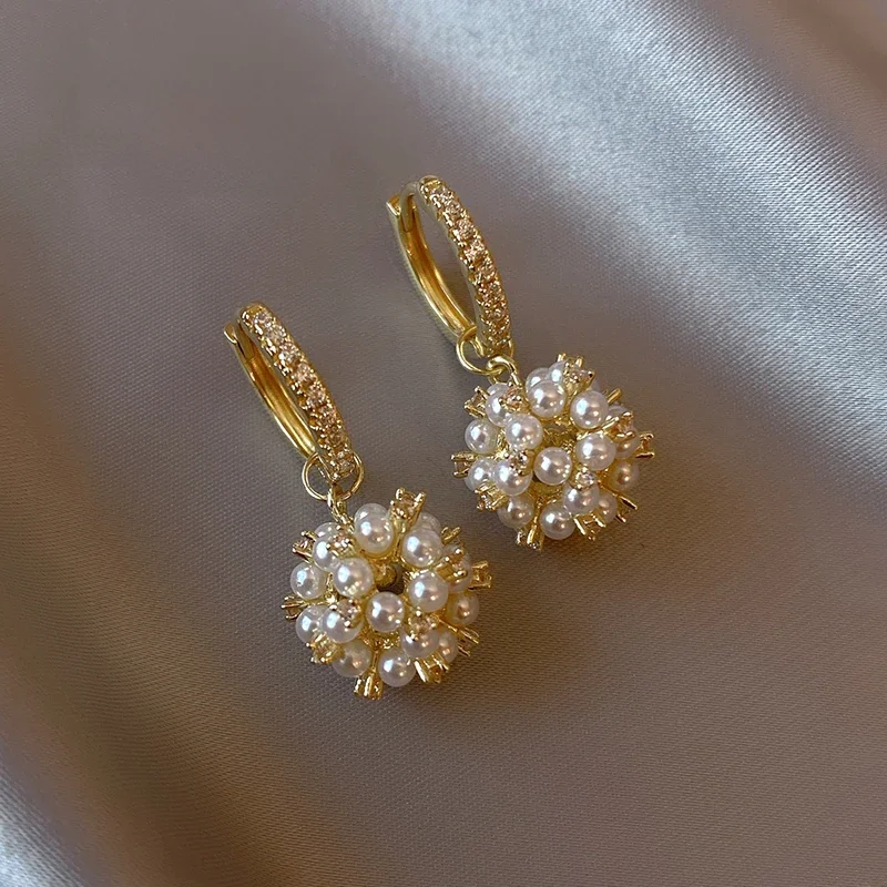 Elegant Celebrity Wind Rice Beads Fireworks Ball Pendant Drop Earrings Korean Fashion Jewelry For