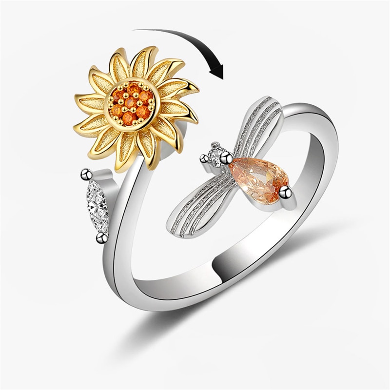 KOFSAC New Fashion 925 Sterling Silver Ring Jewelry Creativity Sunflower Rotatable Cute Small Insects Rings For Women Daily Wear