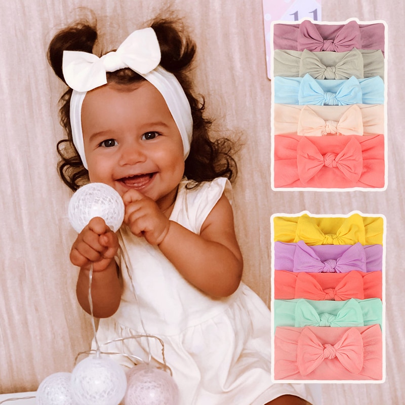 5Pcs/Set Soft Nylon Baby Headband Turban Solid Color Elastic Bowknot Newborn Baby Girl Hair Bands Headwrap Baby Hair Accessories