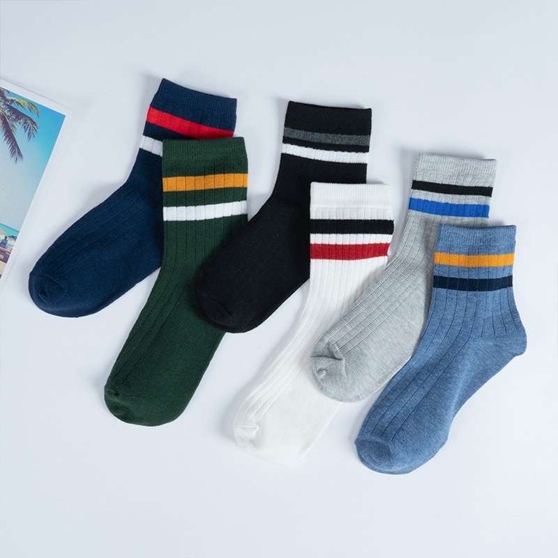 6 Pieces=3 Pairs/pack Standard Thickness Men Striped Socks Combed Cotton Harajuku Long Heap Sock New Fashion Absorb Sweat