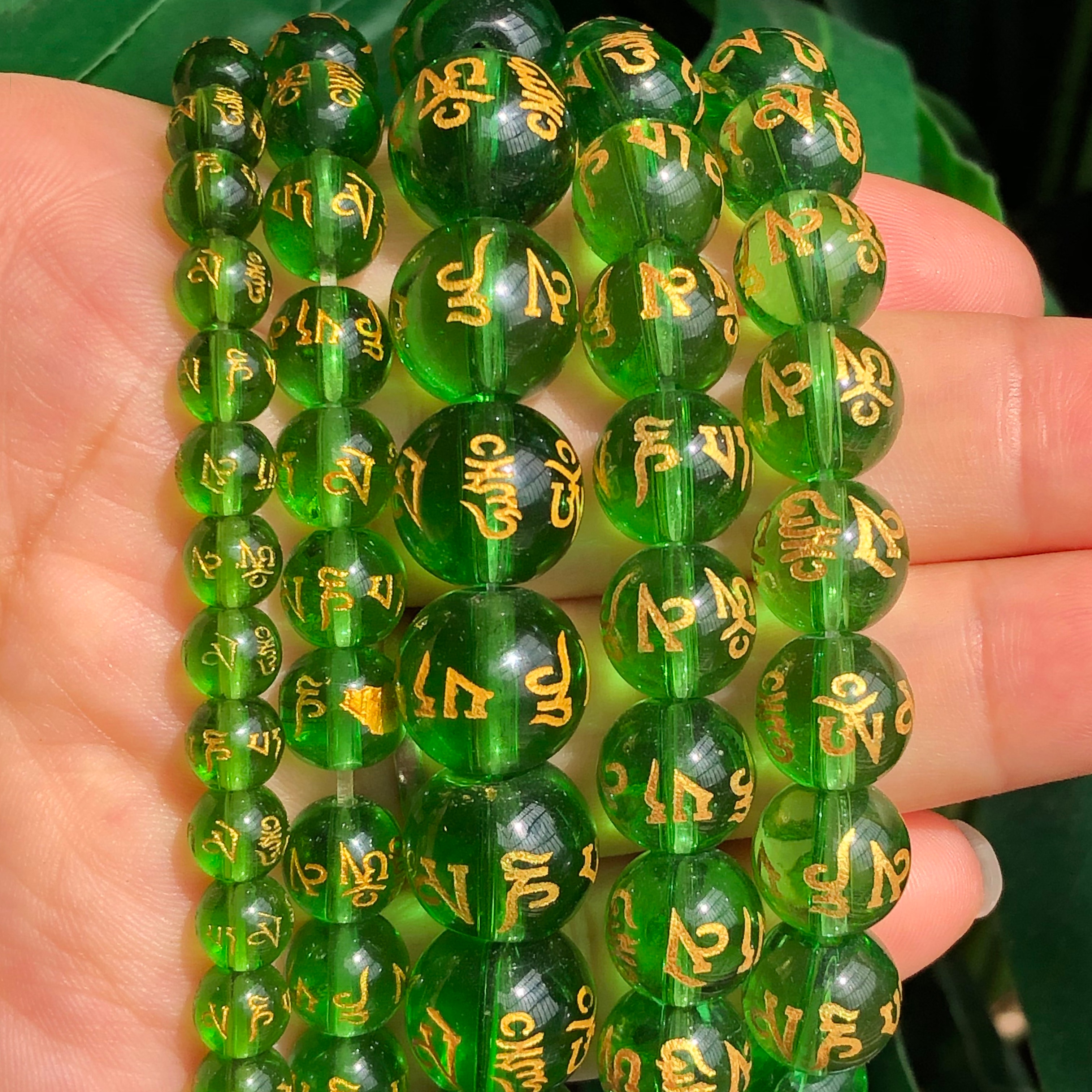 Gold Color Six Word Mantra Prayer Buddha Green Crystal Glass Lucky Amulet Round Spacer Beads DIY Bracelet For Jewelry Making
