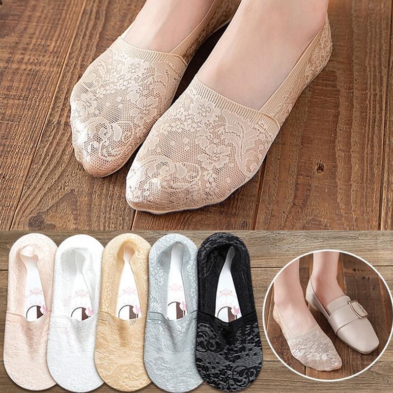 5 pairs summer women sexy lace socks silicone non-slip invisible socks slippers interesting flower pattern woman socks