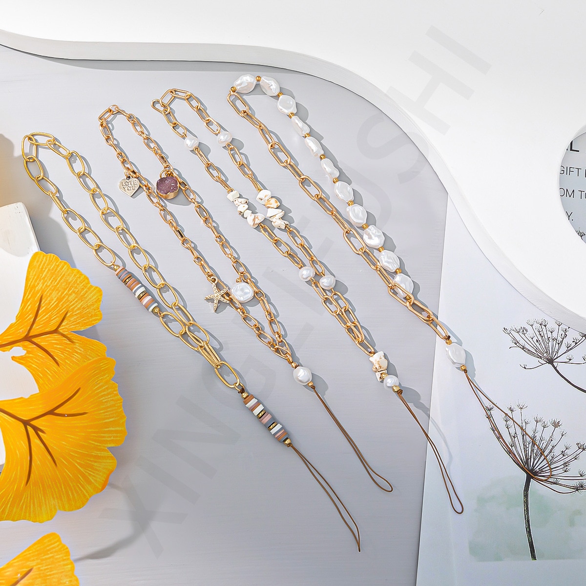 Personalized Bizarre Crushed Stone Flat Imitation Pearl Stitching Mobile Phone Decoration Chain Women Anti-Lost Lanyard Jewelry