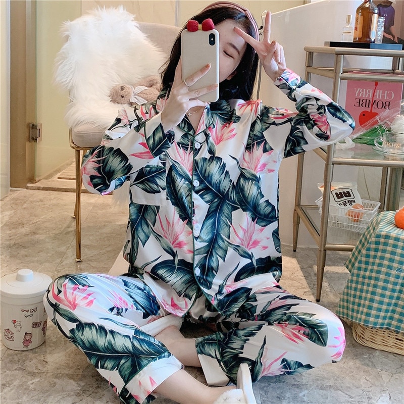 Plus Size 3XL- 8XL Women Pajamas Set Sleepwear Spring Autumn Long Sleeve Trouser Suits Nightwear Print Flower Satin Home Clothes