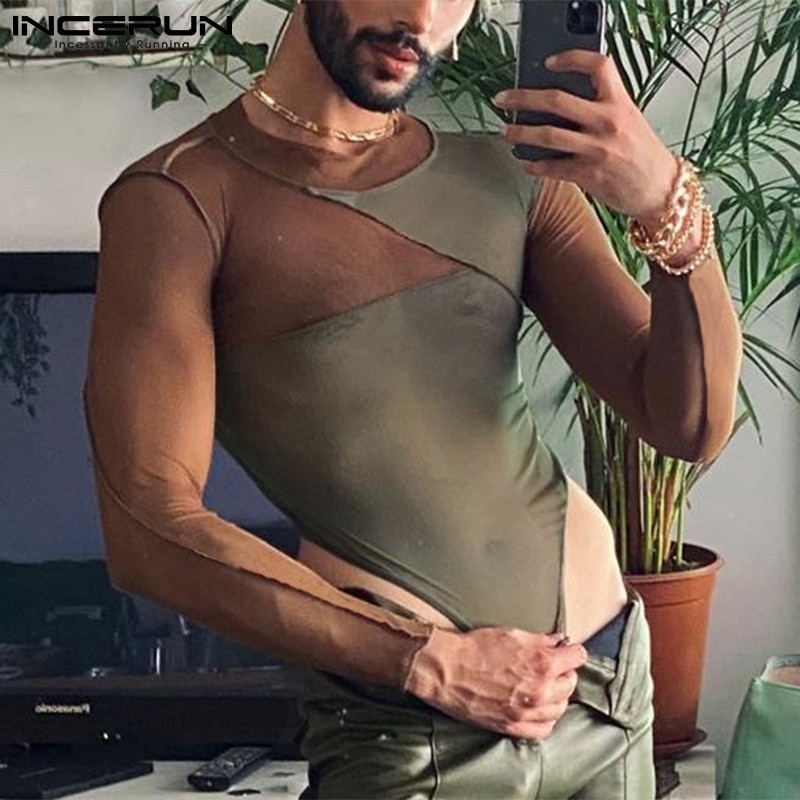INCERUN 2022 Comfortable Homewear Men's Fashion Onesies Breathable Mesh Male Stitching Hot Sale Stretch Triangle Bodysuits 