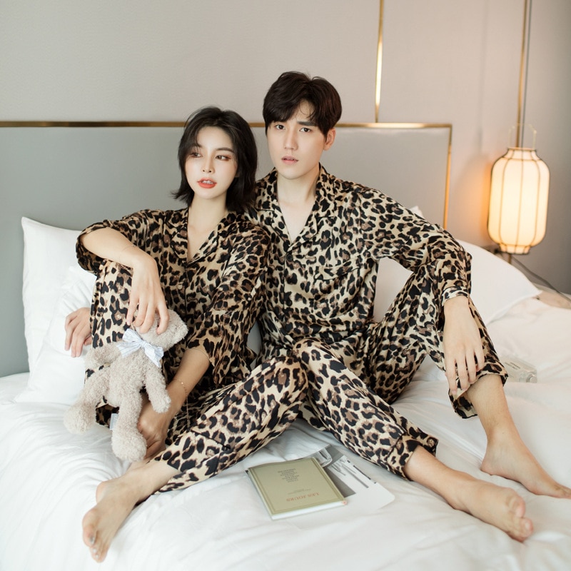 Leopard Pajamas Suit Nightwear Lover Loose Nightgown 2PCS Tops&Pants Satin Men&Women Sleepwear Intimate Lingerie Home Cl
