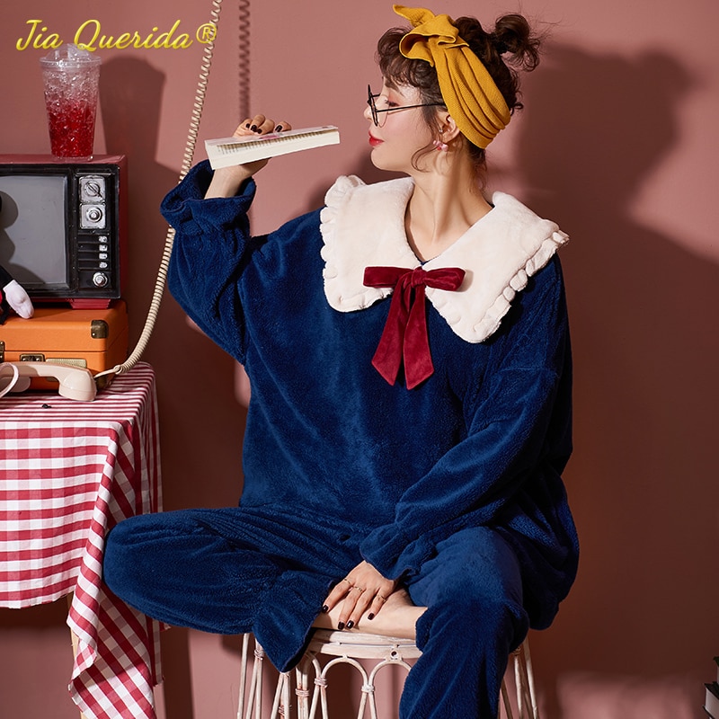Fashion Women Pajamas Set Winter Thick Velvet Pijamas for Girl New Korean Chic Butterfly Embroidary Sleepwear for Young Lady