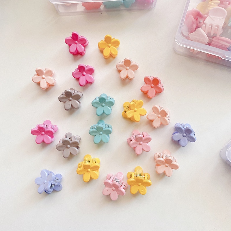 20pcs Box Girls Small Hair Clips Mini Cute Candy Color Flower Plastic Hair Pins for kids Ponytail Hair Accessories Headwear