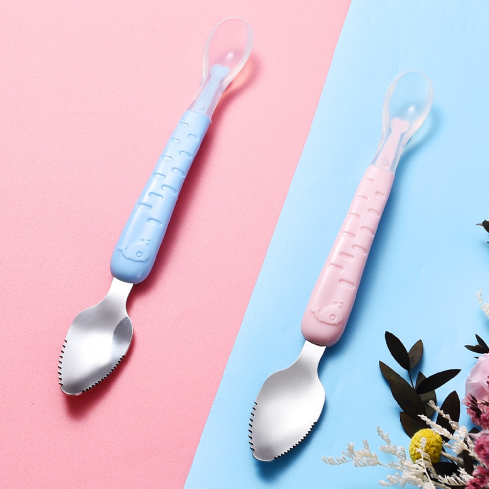 Baby Food Scraper Stainless Steel Apple Puree Spoon Multifunctional Double-headed Mud Scraper Fruit Food Supplement Tableware