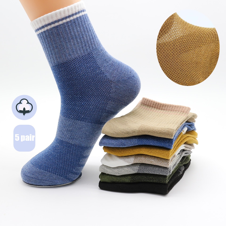 5 Pack Men Cotton Socks Mesh Breathable Short Casual Socks Summer Sports Socks Absorb Sweat Ankle Socks Set