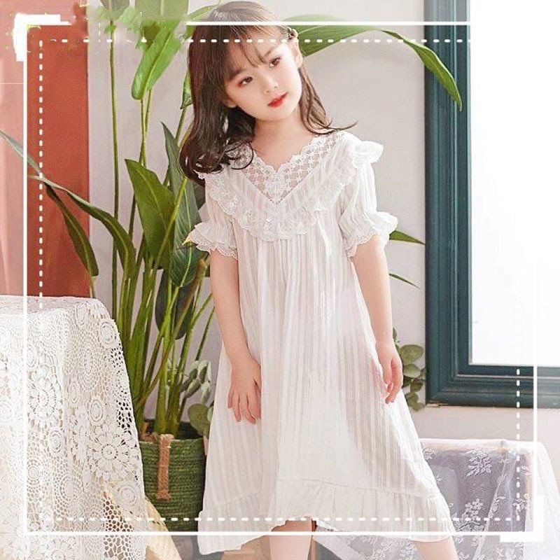 Summer Baby Nightdress Breathable Jacquard Cotton Comfortable Short Sleeve Sleepshirts Lace Nightgown Sweet Solid Color Girls Ni