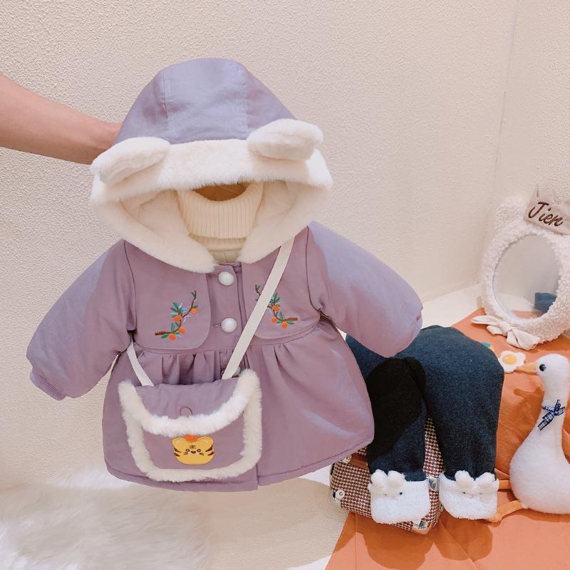 Winter embroidery baby girl's clothes outfits velvet warm down cotton jacket outerwear New Year Cute clothing casual hooded