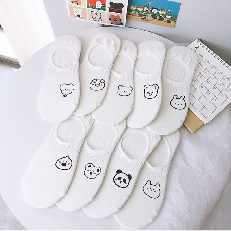 10 pieces = 5 Pairs Rabbit Cow Heart Animal socks Cotton Casual Warm Women Streetwear Cartoon Cute Funny Socks Short Happy Ankle